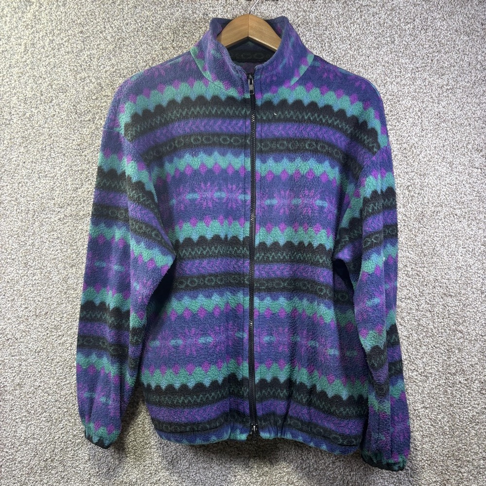 Fleece Jacket Womens Purple Teal Fair Isle‎ Full Zip Collared Winter Warm Cozy